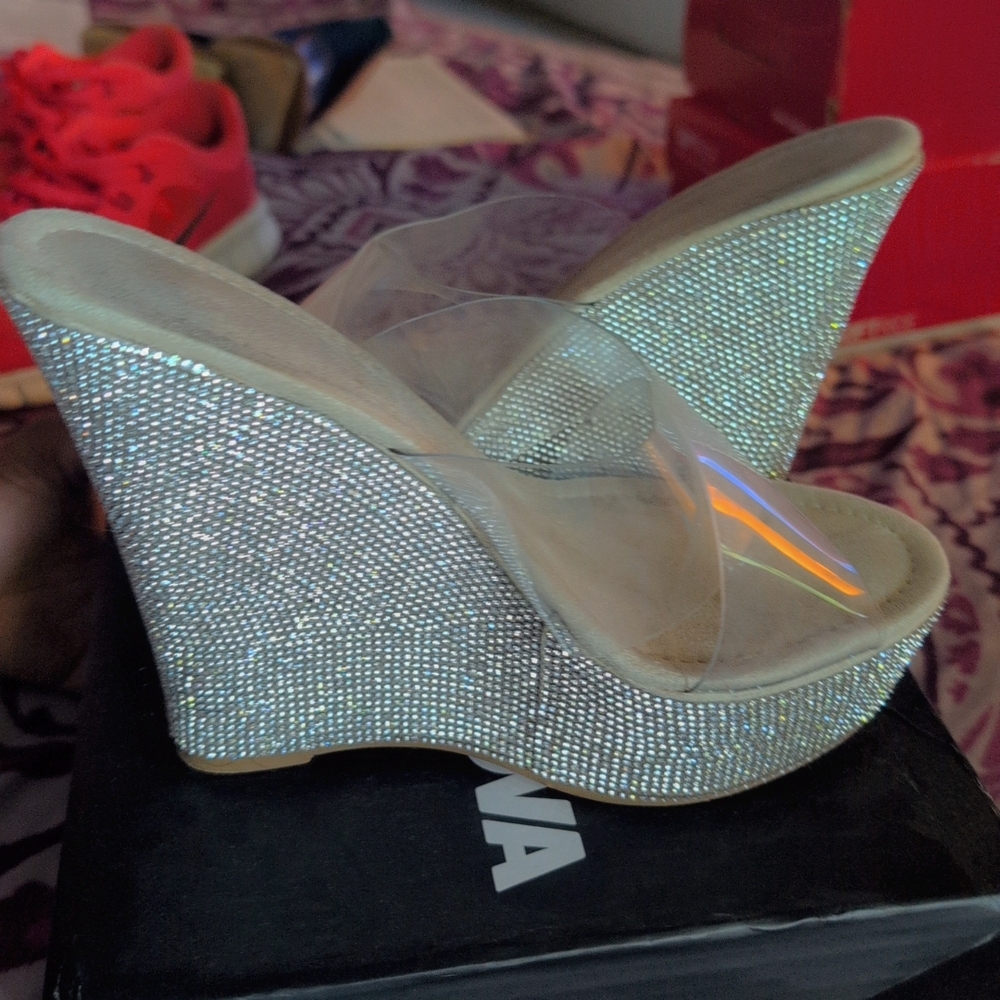 Fashion Nova Shimmering Silver Wedge Heels